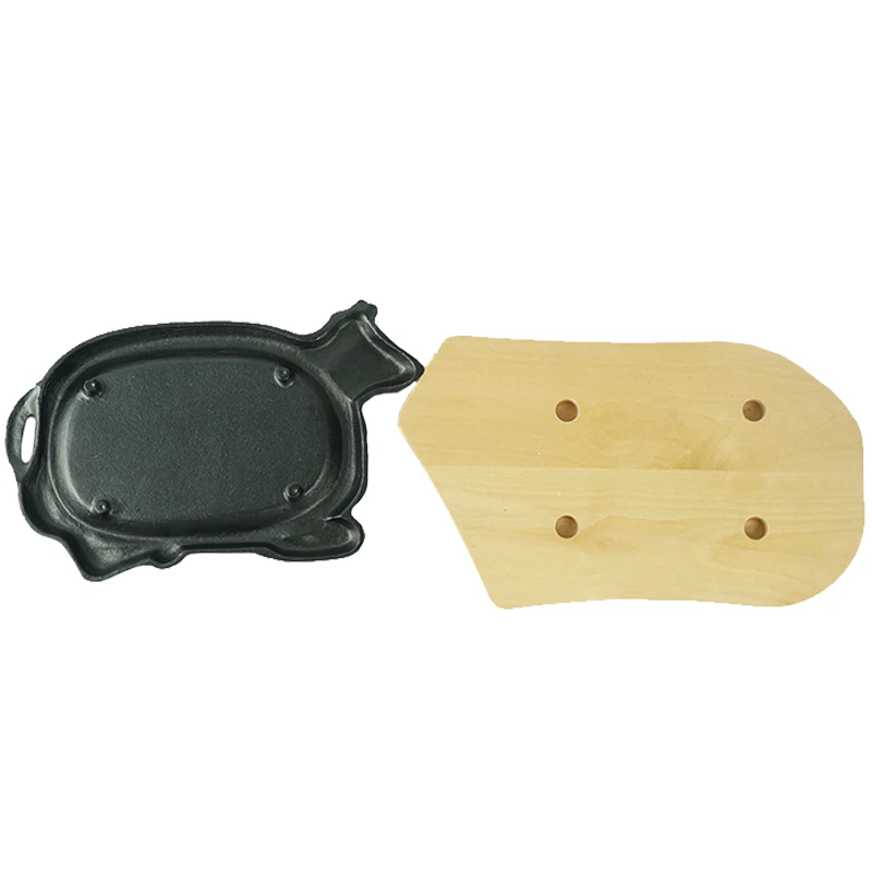 Hot Selling Dish Pan Cow Shaped Cast Iron Sizzling Steak Plate With wooden base Fajita Pan