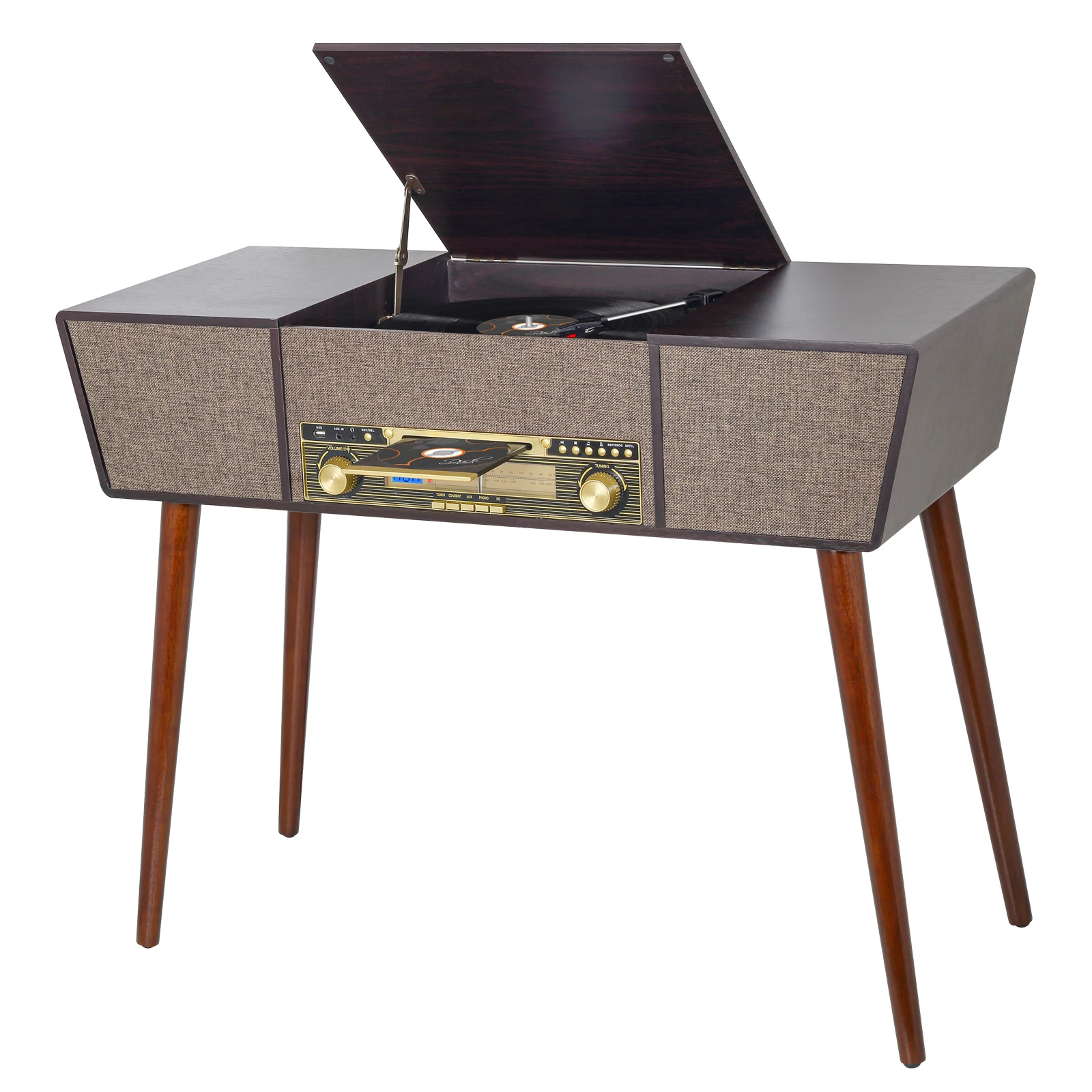 Retro Sound FM Radio Vintage Gramophone Turntable Wooden Cabinet Vinyl Cassette Record Player