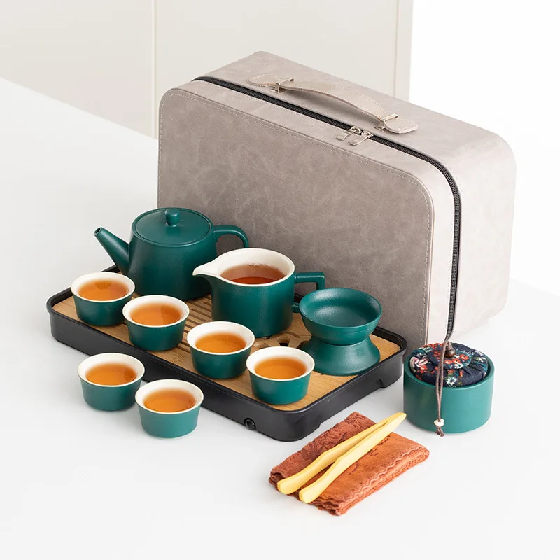 14 Piece Porcelain Tea Set With grey Leather Case Portable Kungfu Tea Set with Bamboo tea tray for Business,Home and Hotel