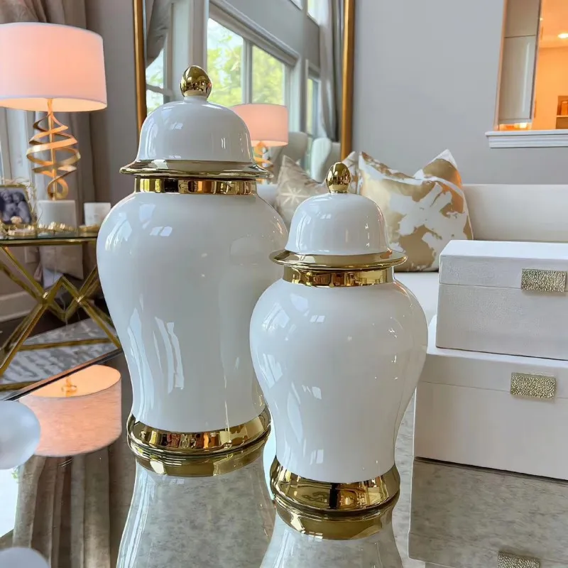 Hot Sales Creative Luxury Gold Electroplated Ceramic Ginger Jar Vase Large Vases Decor Tall Floor Decoration with Lid