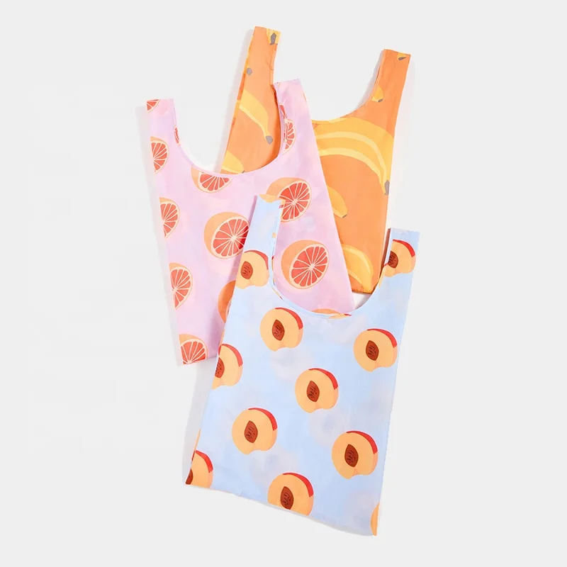 Custom Logo Reusable Mixed Fruit Print Ripstop Nylon Eco Standard Foldable Grocery Shopping Bag