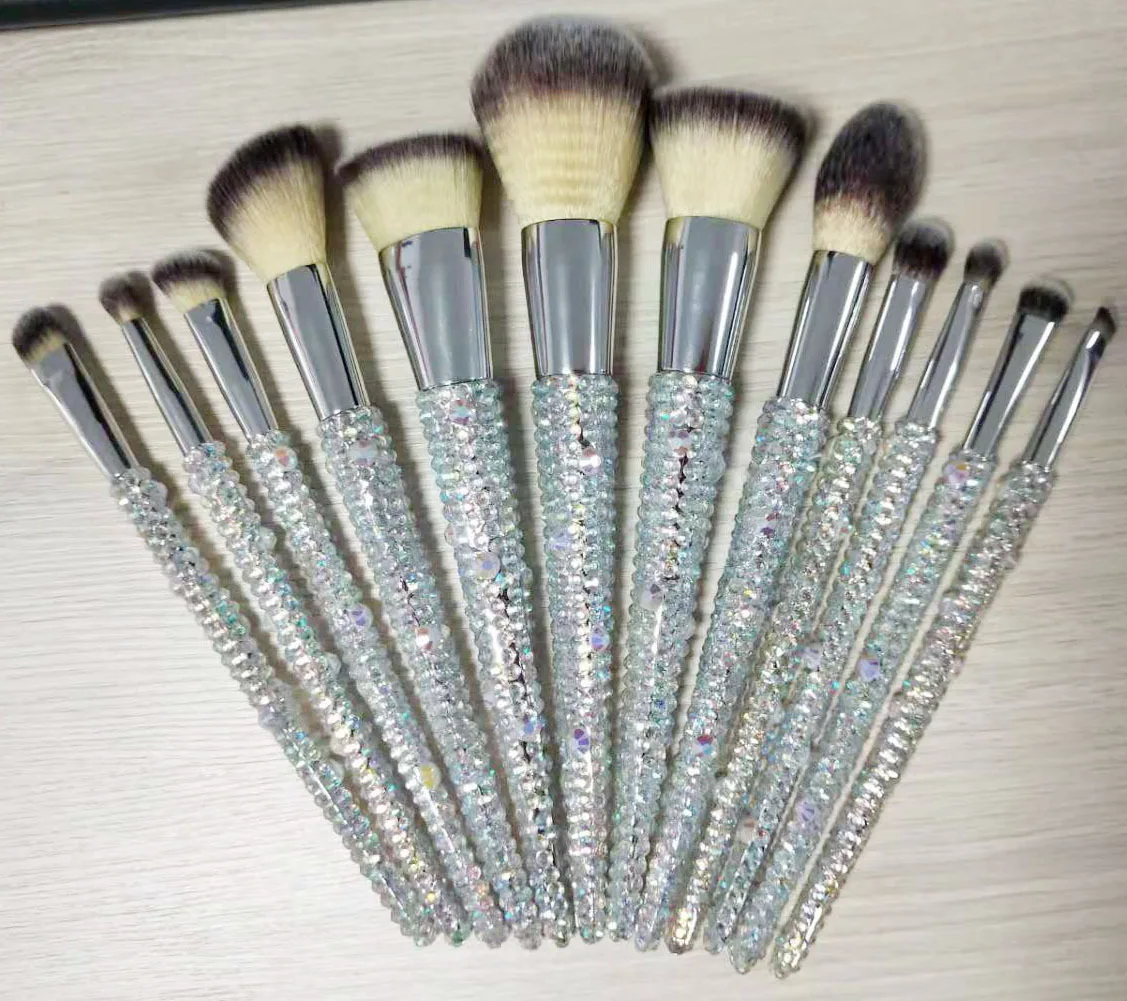 New Bling Rhinestone Makeup Brushes Premium Synthetic Foundation Powder Concealer Eyeshadow Contour 12 Pcs Makeup Brush Set