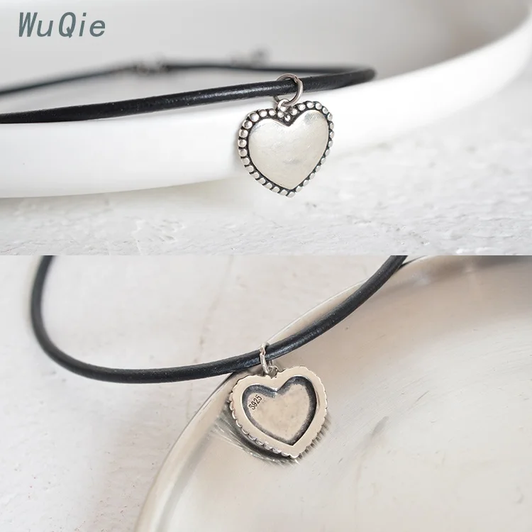Wuqie Latest Design Leather Choker Necklace Silver Heart Pendant Choker for Women