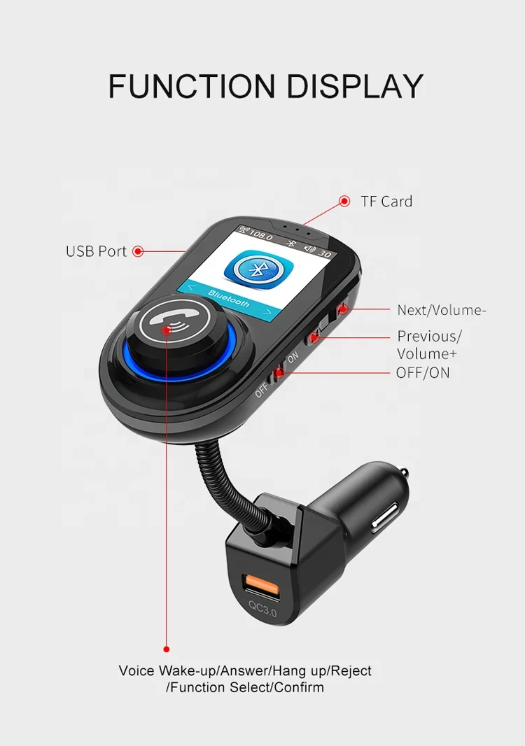 Voice wake-up Big screen Color Large Screen lossless Sound Dual USB Car Charger FM Transmitter Bluetooth Car Mp3 player
