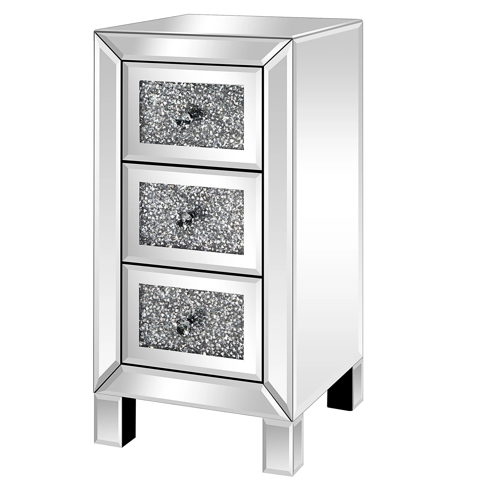 Bedroom Mirrored Furniture Contemporary Mirrored Nightstand with 3 Crystal Diamond Drawers for Bedroom Mirrored Bedside Table