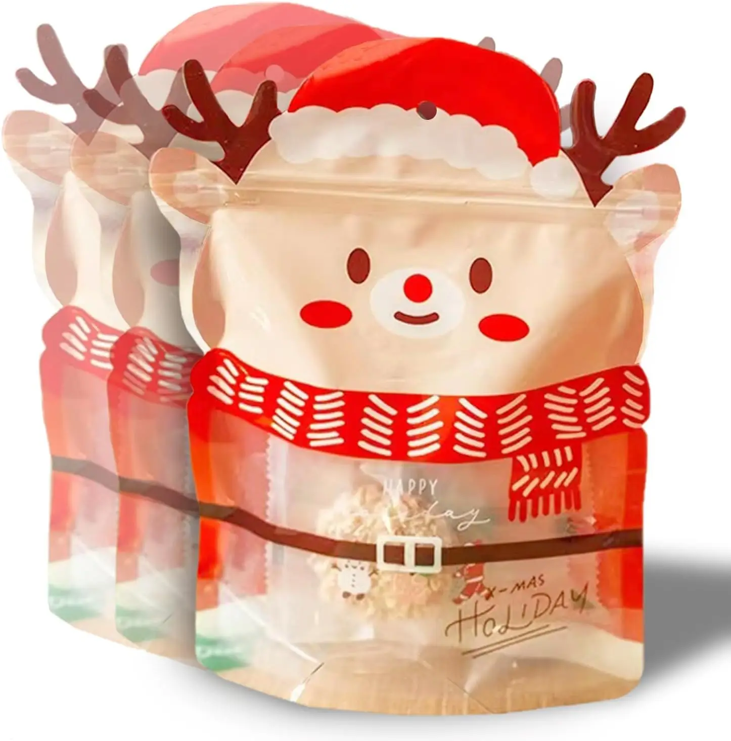 ESUOHYM Christmas Snack Bags Transparent Reindeer Shape Reusable Zippered Gift Bags for Kids