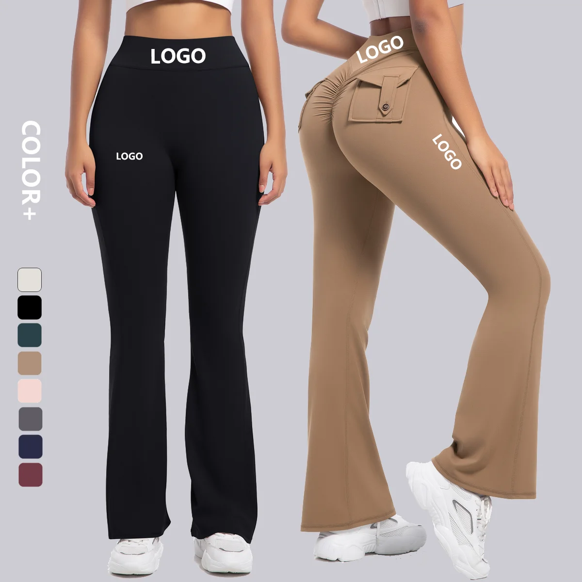 Custom Logo Women Yoga Flare Pants Lady Scrunch Butt Running Bell Bottom Female Tight Pocket Gym Wide Leg Trousers Leggings