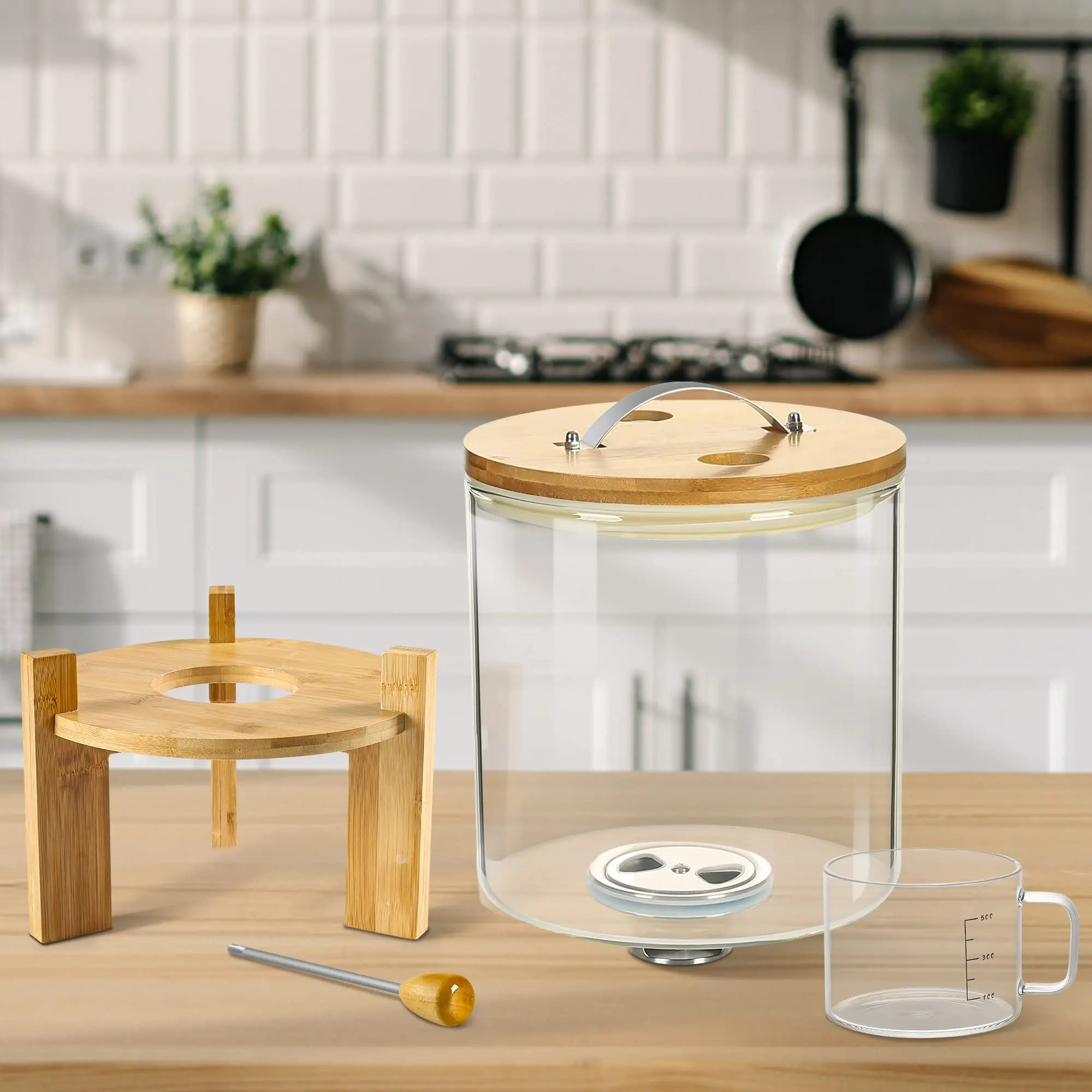 Glass Rice Dispenser With Airtight Lid Bamboo Stand Rice Storage Container Glass Food Storge Container for Kitchen Organization