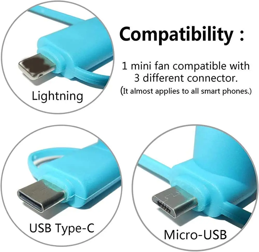 Wholesale Price Strong Mini Phone Fan 3in 1 Fan Compatible with iPhone, iPad, Android Smartphones, Tablets USB Type C
