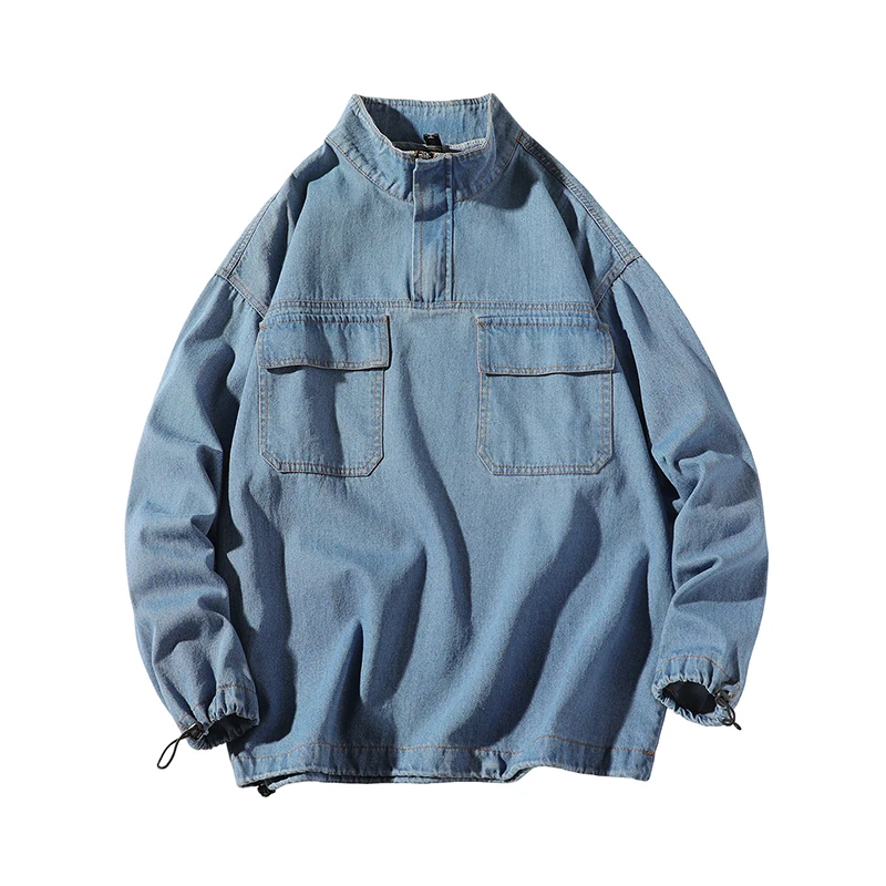 Custom Jean Jacket Men Fashion Plus Size Hoodies Denim Outwear Coat Loose Long Sleeve Denim Jacket