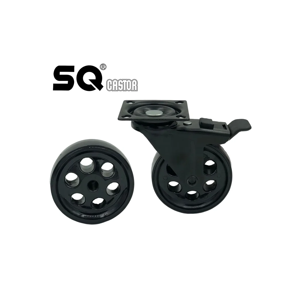 SQ Castor 75 mm black on black Office Casters Swivel trolley cart PU Wheel Vintage hollow caster for cabinet