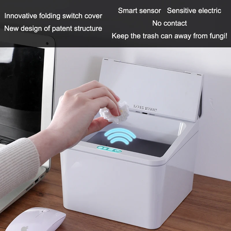 2020 hot sale 4L ABS smart touchless battery powered  trash cans and portable desktop square trash bin