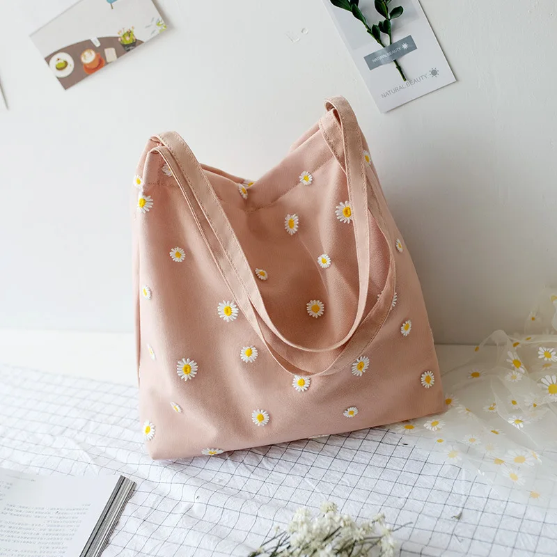 Factory Fashionable Medium Size Reusable Custom Embroidery Shopping Cotton Canvas Daisy Tote Bag With Print Logo