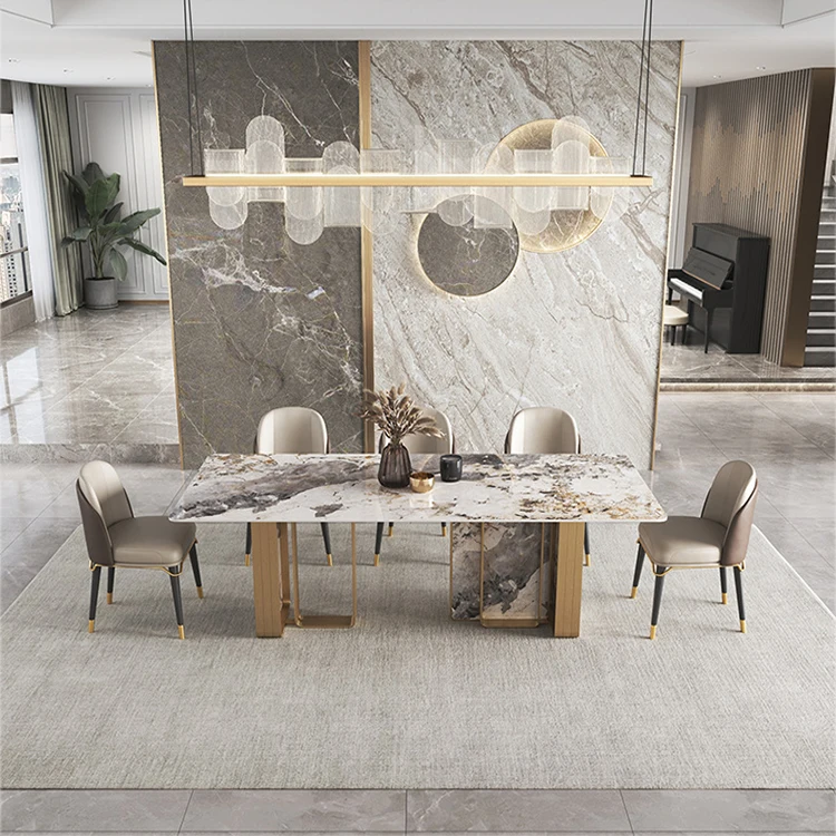 Luxury design popular 8 seater Stainless steel marble top gold base italian dining table set