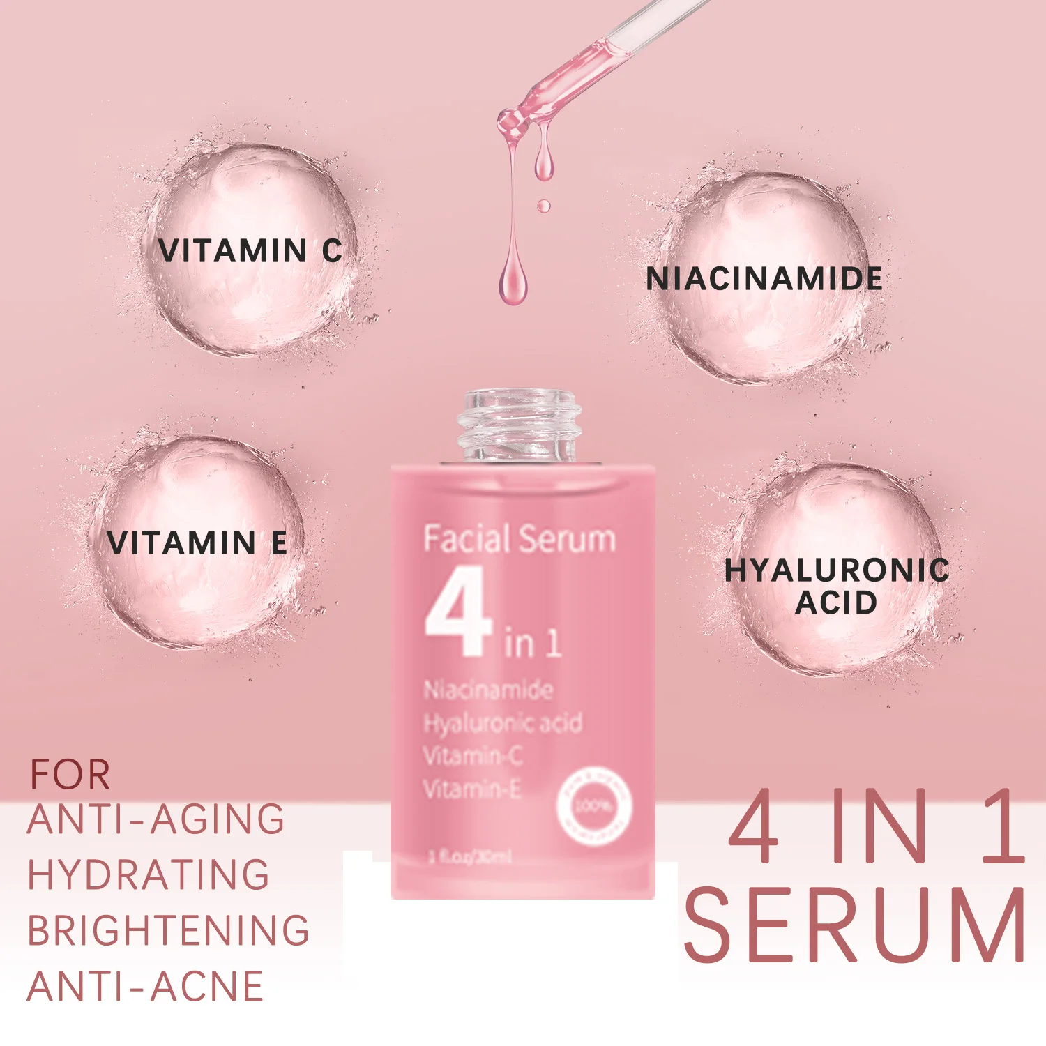 Custom Label Face Serum 4 in 1 Whitening Anti Age Face Serum with 30% Vitamin C 5% Niacinamide 10% Vitamin E Serum