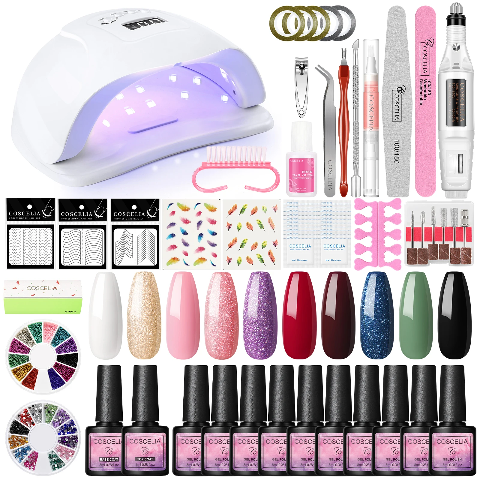10 Shiny Colors UV Gel Polish Set with Led Lamp Nail Drill Soak Off Gel Top Base 8ml COSCELIA Nail School Use