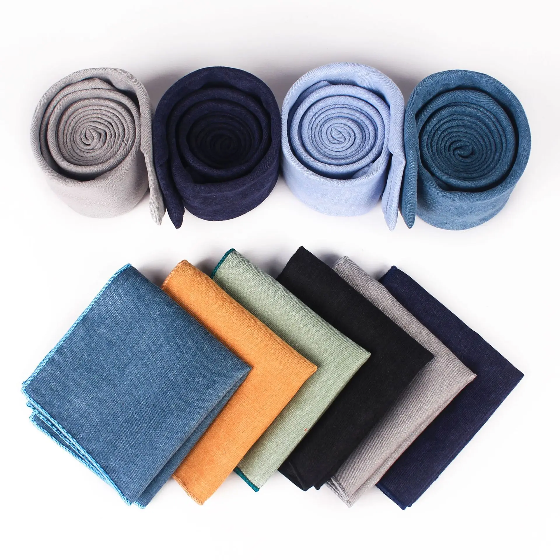 Набор из узкого галстука и носового платка 6 см, 100% хлопок, Тонкий Карманный платок, однотонный