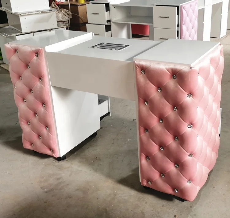 Velvet fabric crystal tufted ultra luxury customized manicure tables pink nail manicure table with exhaust fan