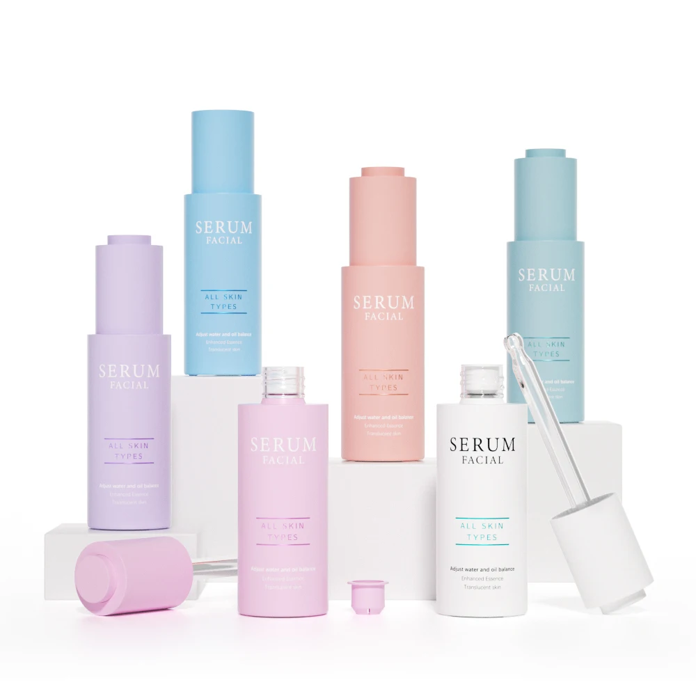 30ml 50ml Custom Empty Frosted Push Button Cosmetic Essential Oil Packaging Serum Bottle Press Pump Glass Dropper Bottle