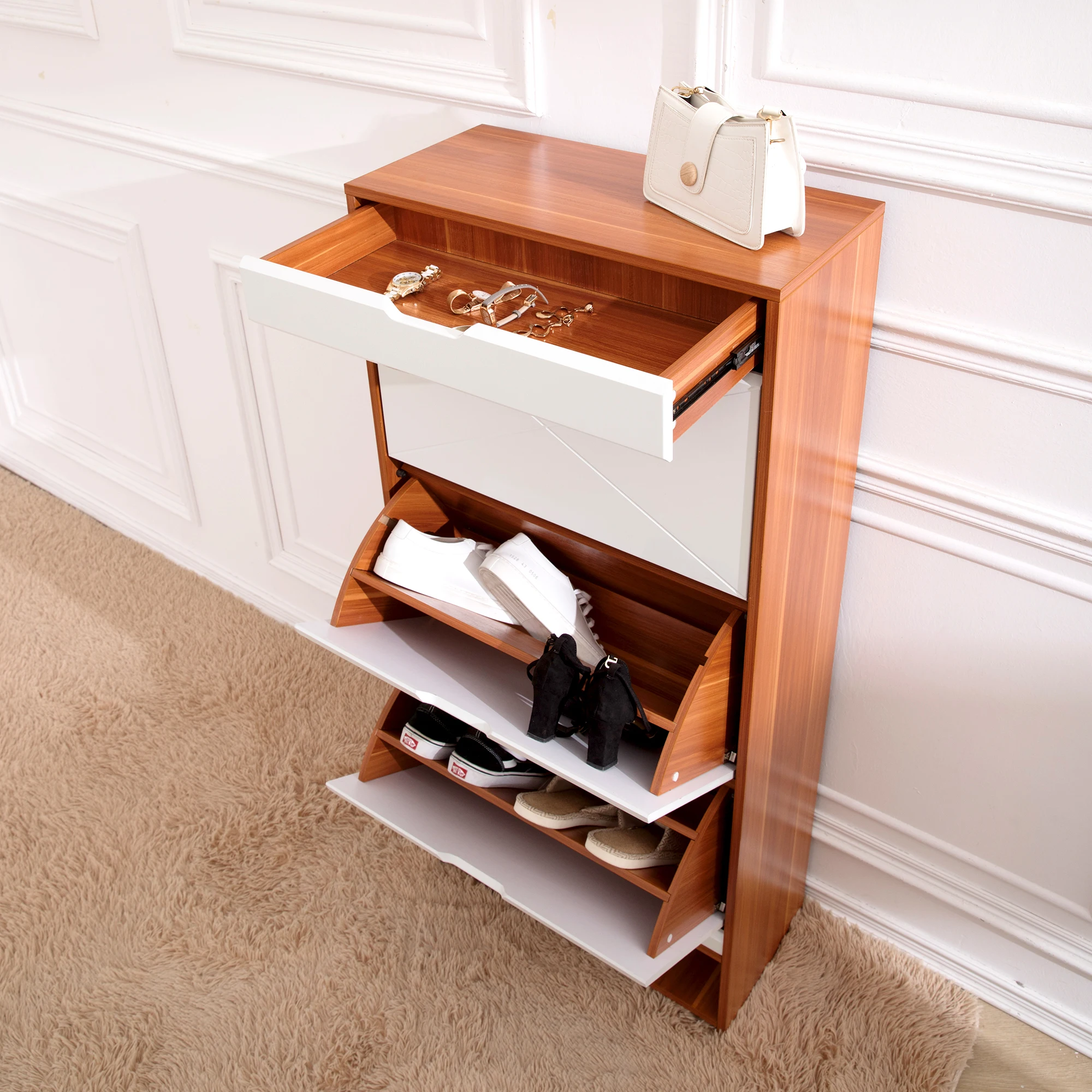Traditional large-capacity wooden color matching shoe cabinet