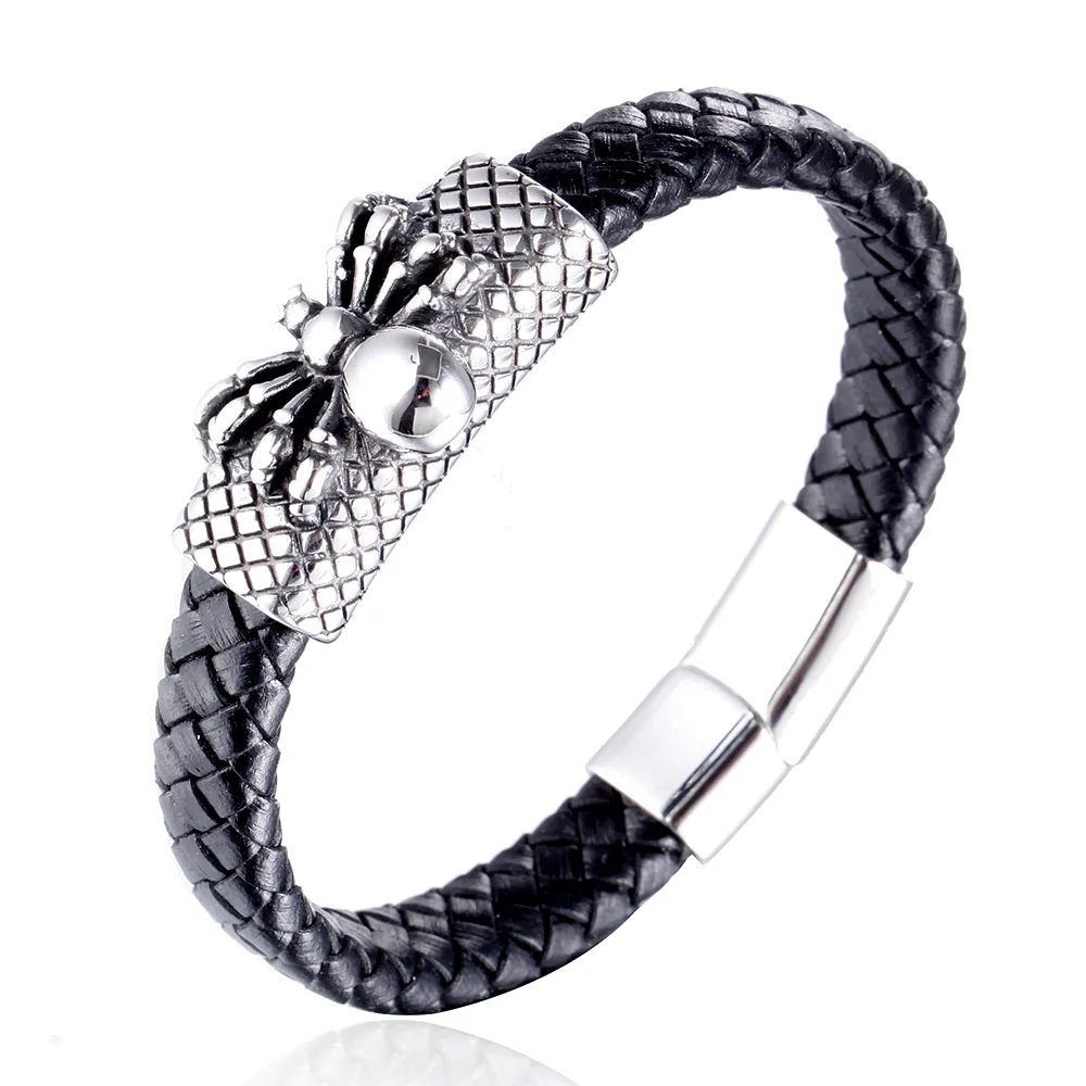 Stainless Steel Skull Bracelets Charm Braided Leather Handmade Woven Men Jewelry Beads Macrame Bracelet Men