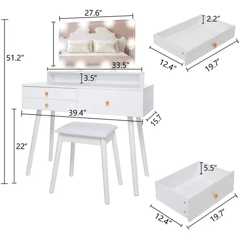  Fast Delivery From Stock White Big Mirror And Three Drawers With & Stool Dressing Table