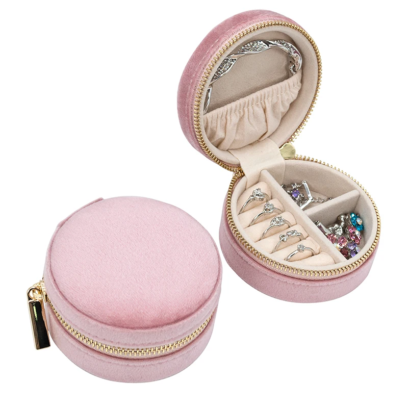 Custom Logo PU Leather Small Round Travel Jewellery Boxes Organizer Velvet Jewellery Storage Case jewelry box