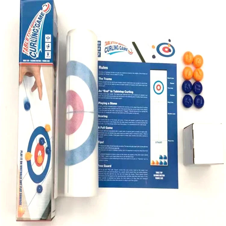 Adults and kids team bowing board game and table top curling game