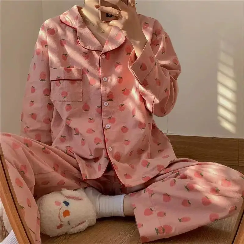 Ins Style Sweet Girl Long Sleeve Pajamas Summer 2 Pcs Sleepwear Suit With Lot Of Printed Patterns