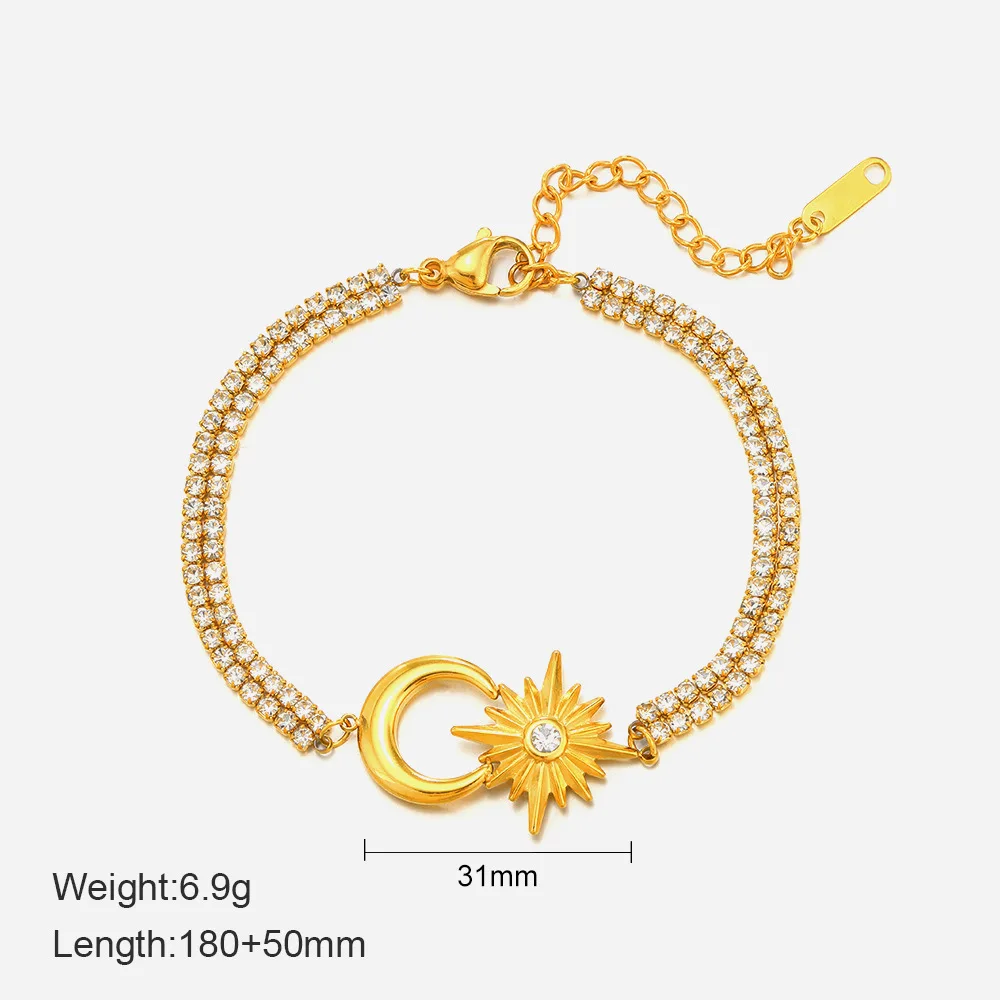 Crescent Moon Star Sparkling Crystal Chain Bracelet for Women Stainless Steel Dainty High Quality Bangle Jewelry(BL141)