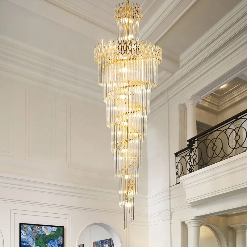 Gold Contemporary Long Crystal Chandelier with Water Drop Fancy High Ceiling Lamp For Villas Staircase Decor
