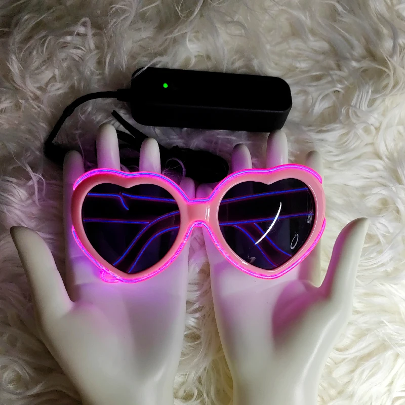 Heart Pink Luminescence Diffraction EL Wire Glasses Rave Light up LED Laser Etched Hard Plastic Lenses