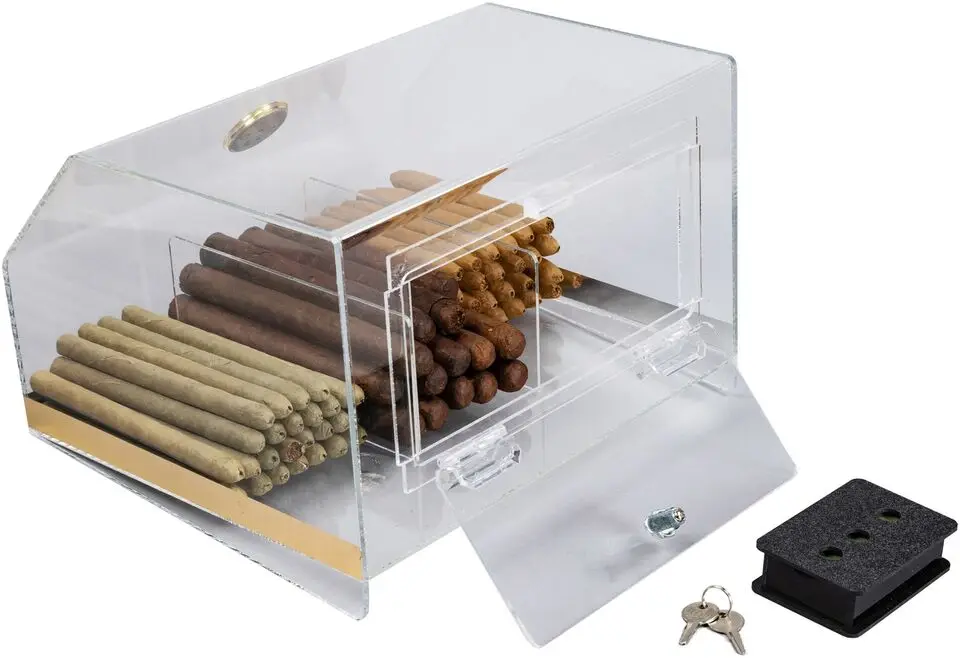 customized storage acrylic trunk with gold metal acrylic cigar box with Humidity detector lucite case