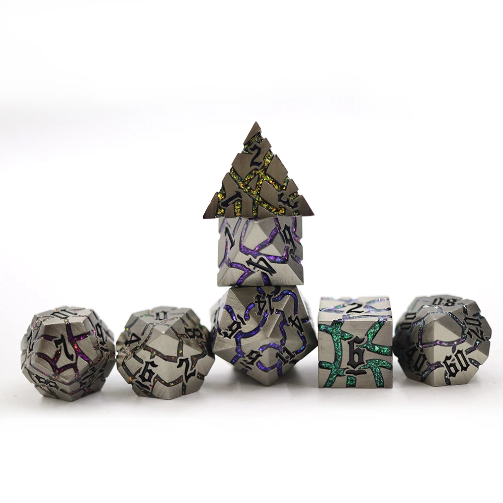 Polyhedral Dice Starry Green Blue Colorful Mica Glitter Sharp Edge Cracked Dice Set With Black Number For Dnd Board Game