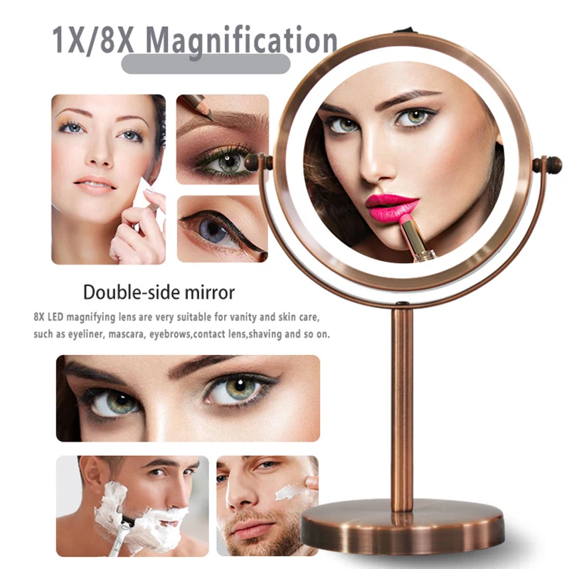 quality customized round led smart makeup mirror desk Adjustable metal Stand table led lighted vanity makeup mirror with lights