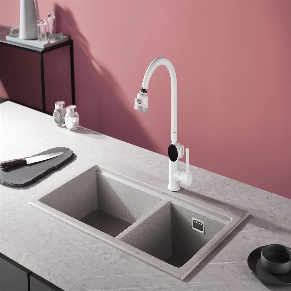 Mix Faucet Pull Out Sink Faucet High Quality Countertop Mounted Brass Kitchen Modern Contemporary with Digital Display White