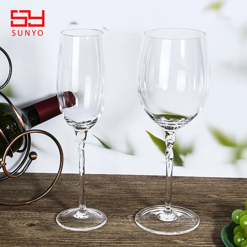 SUNYO Crystal Customize Logo Blank Drinking Set Wedding Hand Crafted Twist Stem Champagne White and Red Wine Glass Cup
