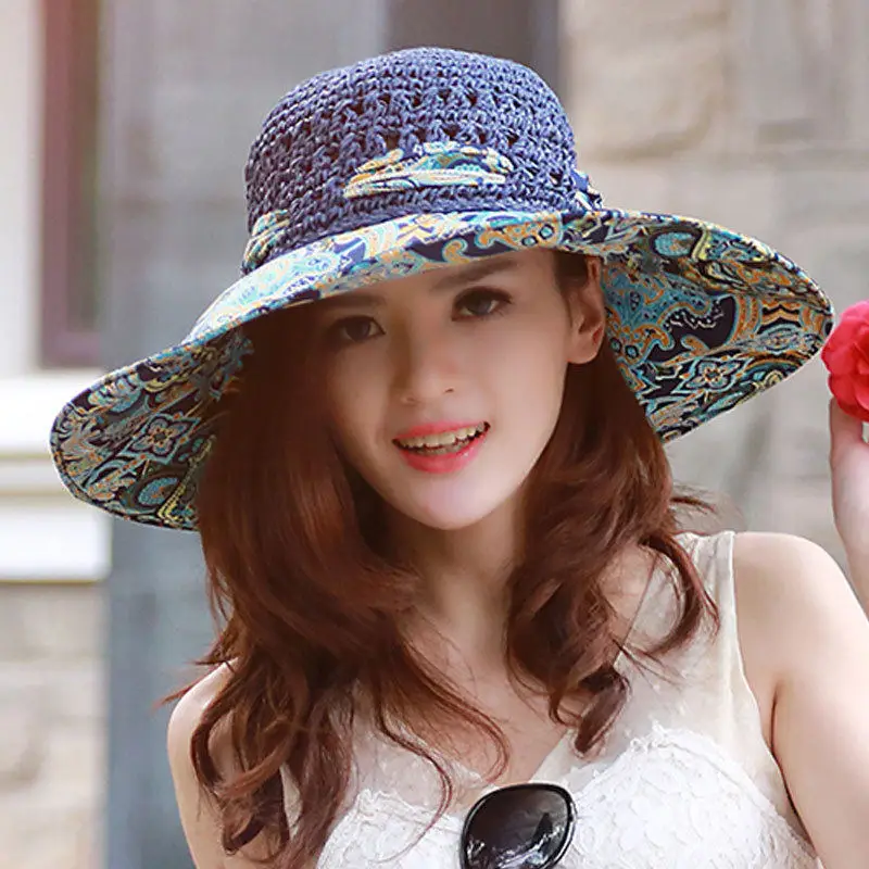 Y207114 Fashion Hook Printing Travel Hats Sun Sunshade Bowknot Straw Summer Wide Brim Beach Hats Women Floral