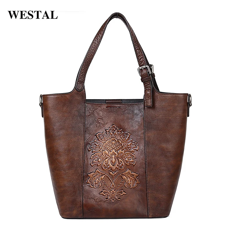 First Layer Cowhide Leather Vintage Embossed Character Stylish Handbags Custom Logo Messenger Tote Bags