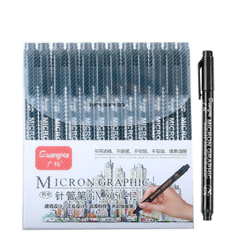 Guangna 12pcs Set Black Pigment Liner Needle Water-proof Micron Pen Tip Art Pen Marker Pen Fine Liner Sketching Hook for Manga