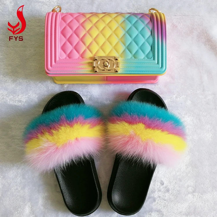 
OEM women kids children fur slippers matching handbag fur slides and purse vendor 