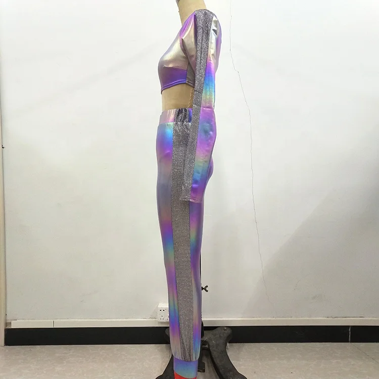 Custom High Elastic Metallic Skinny Pants Long Sleeve Top Women Two Piece Set