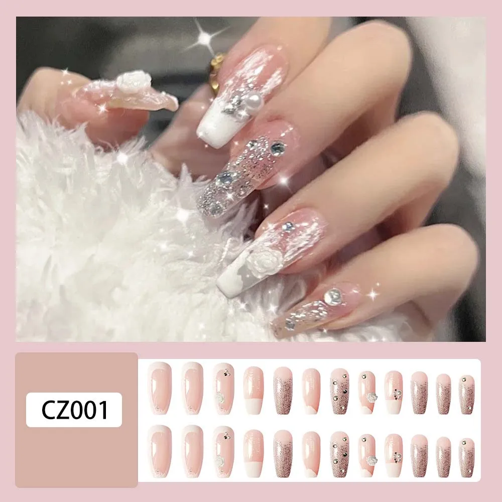 Factory direct white3D camellia fake nails packing long coffin manicure colorful wholesale DIY false nails press on nails
