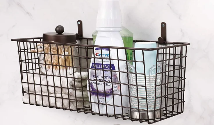 Wholesale kitchen bathroom organizer matte black wall mounted storage hanging wire basket