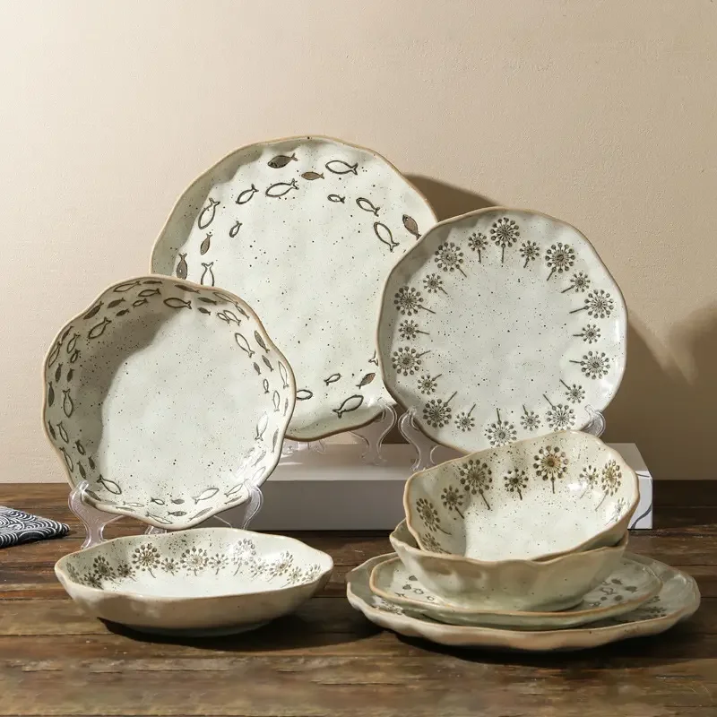 Nordic Style Large round Ceramic Plate Fish & Flower Pattern for Home Kitchen Party Use for Afternoon Gifts