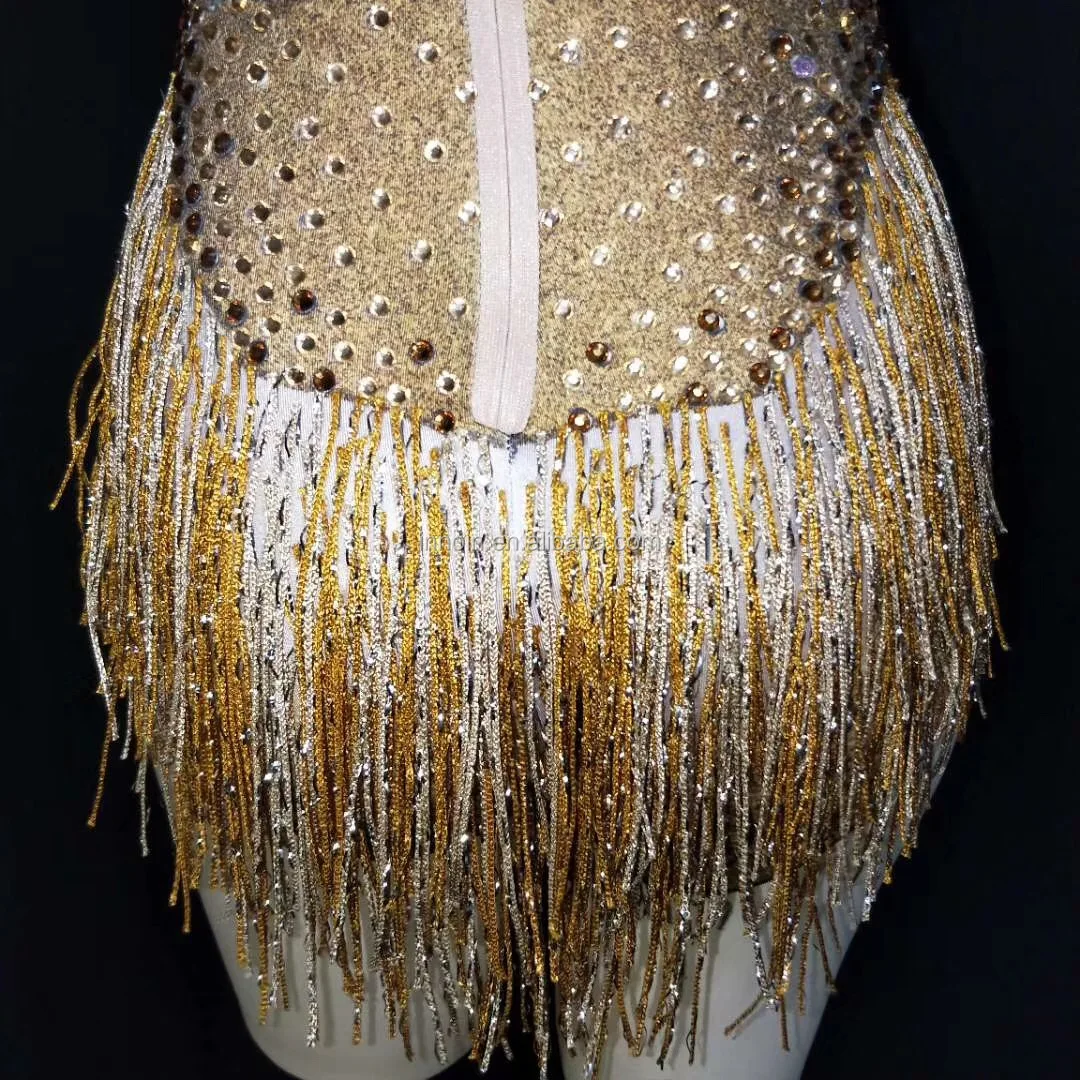Sexy Rhinestone Stage Dance Bodysuit Nightclub DJ DS Dance Costumes Tassel Elastic Leotard Women Showgirl Performance Outfits