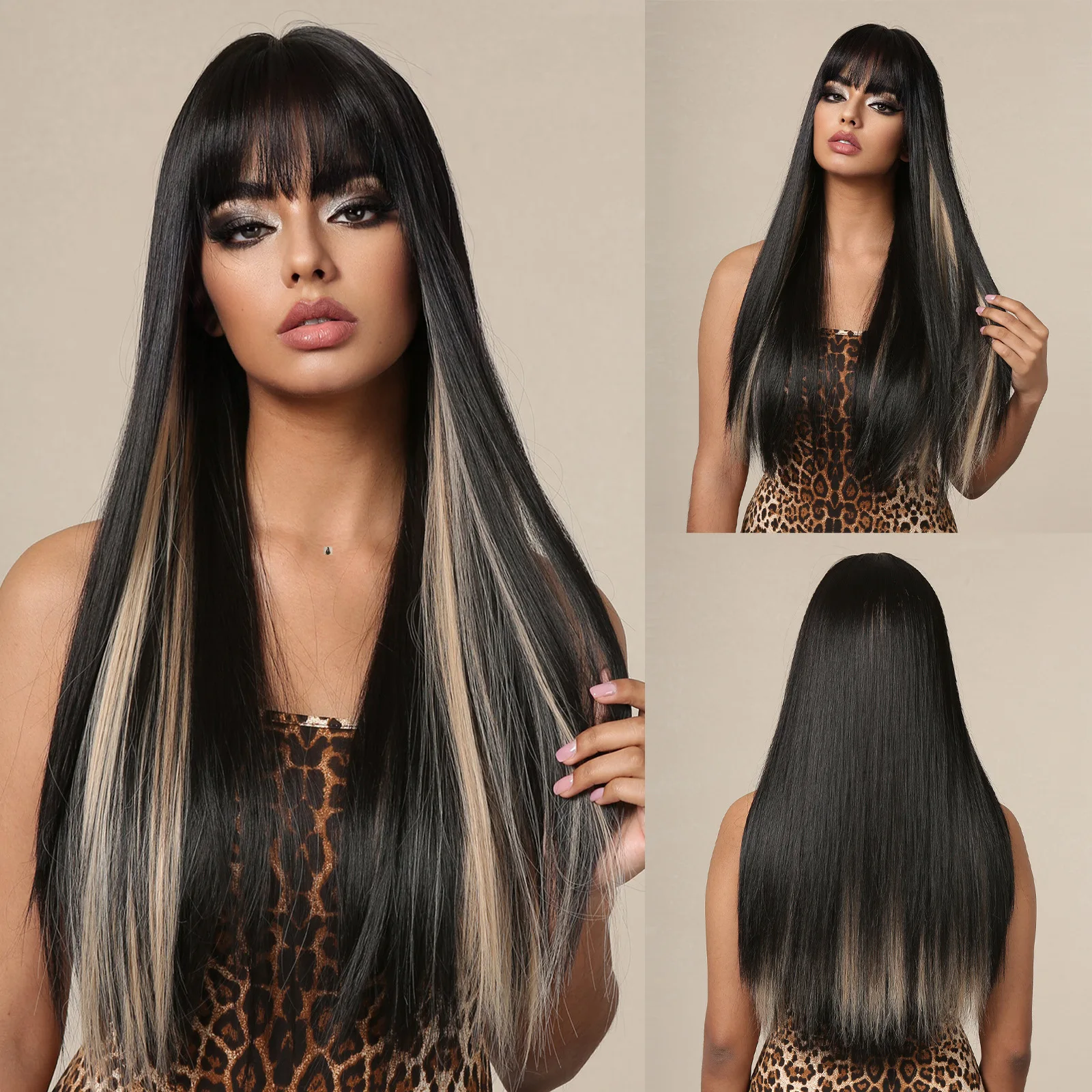 A415straight bangs gradient Gray long straight hair chemical fiber high-temperature fiber and wigs wig head cover wholesale