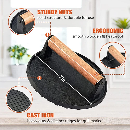 Wood handle cast iron meat Smash Press Hamburger patty maker manual metal burger
