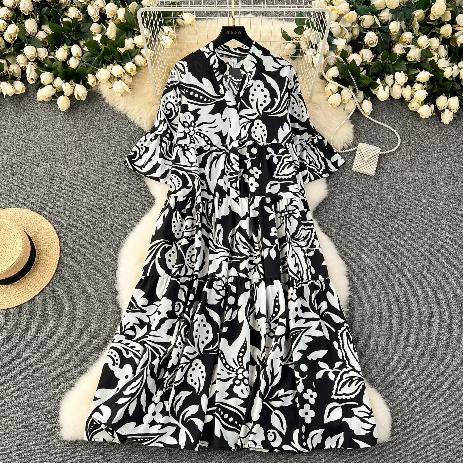 New European And American Style Round Neck Short Sleeve Printed Belt Elegant Dress