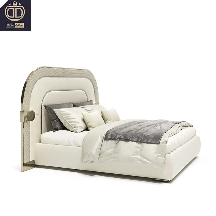 modern white leather curved shape back bed frame headboard upholstered king queen size luxury curved bed